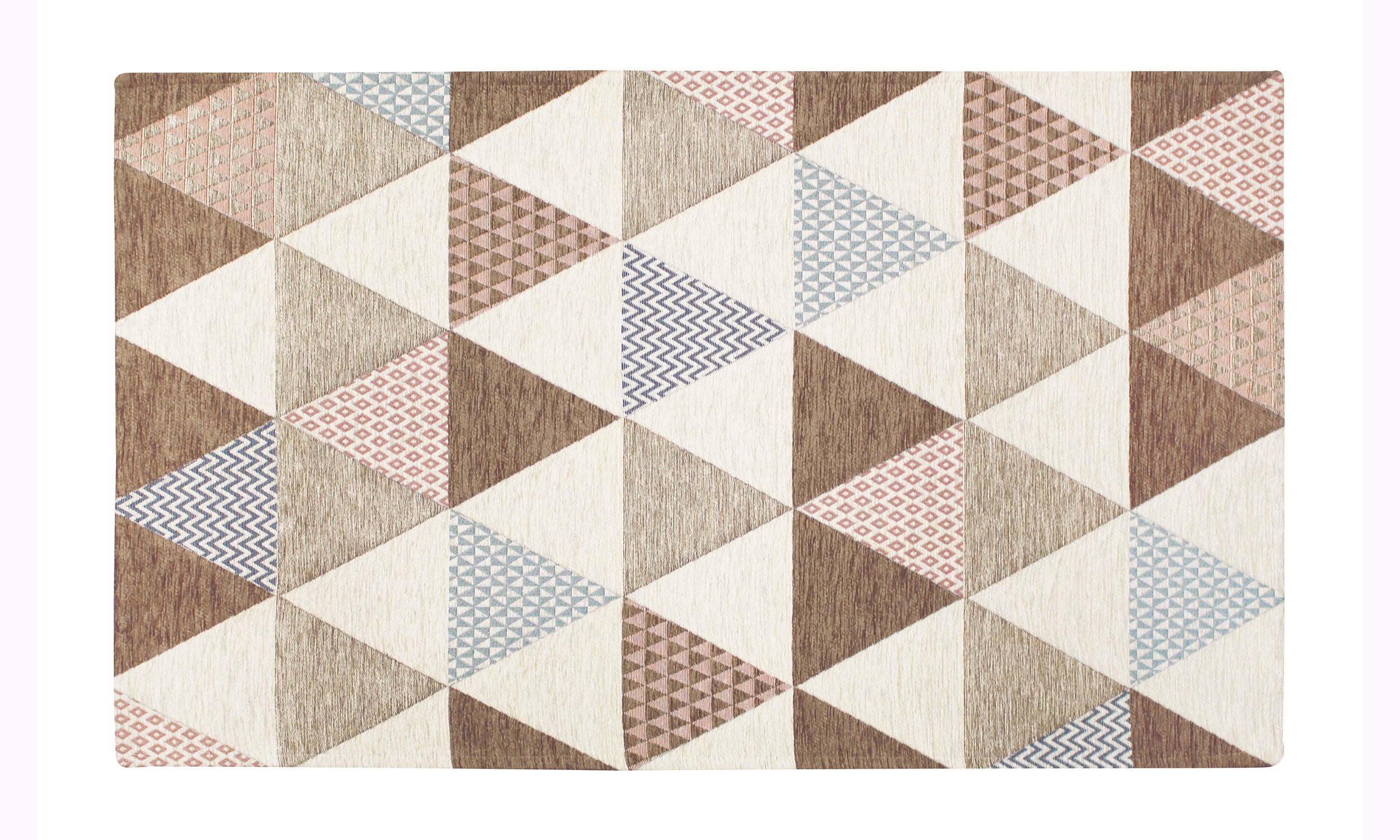 Modern decorative rug with colorful geometric triangles in earthy tones, soft and non-slip, ideal for any room.