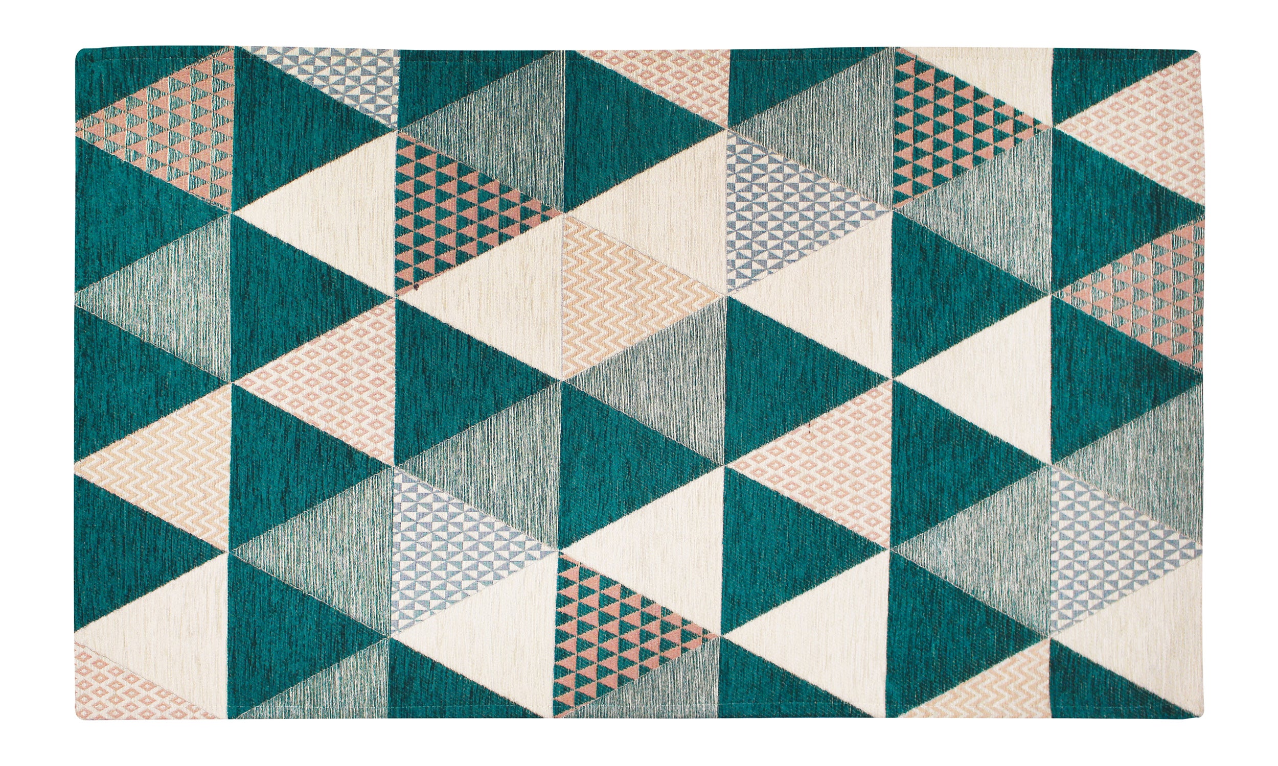 Modern triangular area rug in teal and cream, with non-slip backing, size 115x175 cm, stylish and easy to clean.