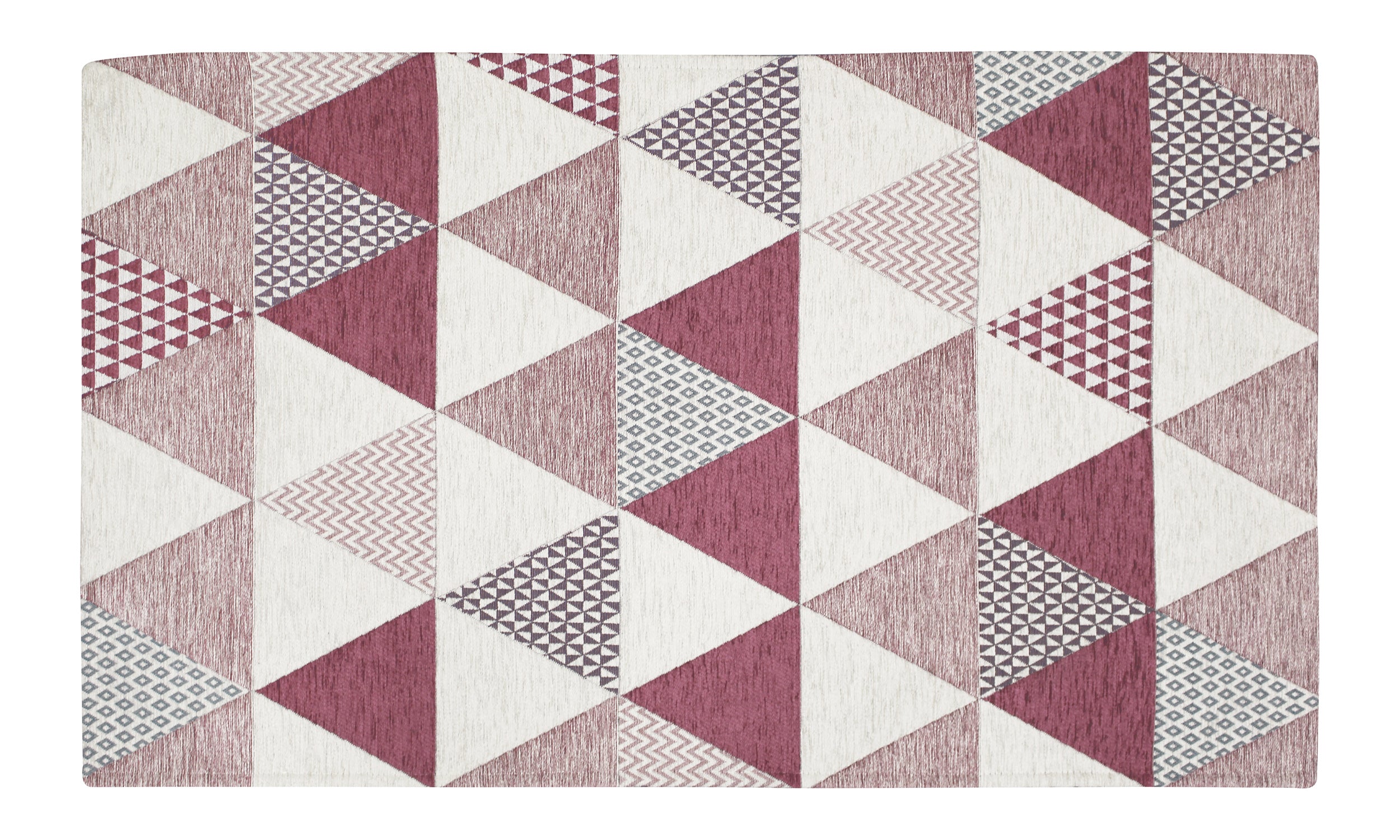 Tappeto moderno triangoli prugna 65x115 cm, antiscivolo, colori vivaci e design scolpito.