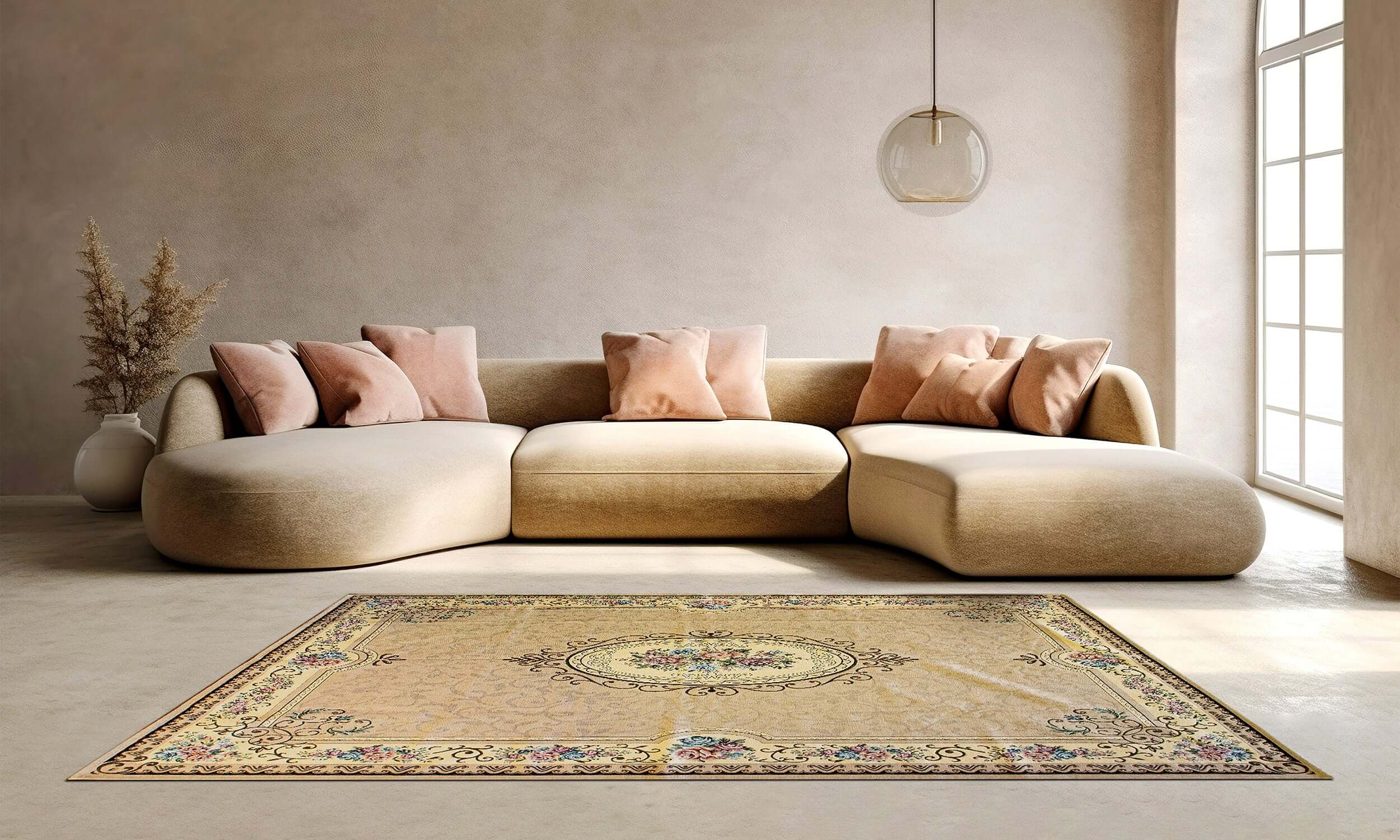 Elegant beige rug in modern living room with cozy couch and decorative pillows.