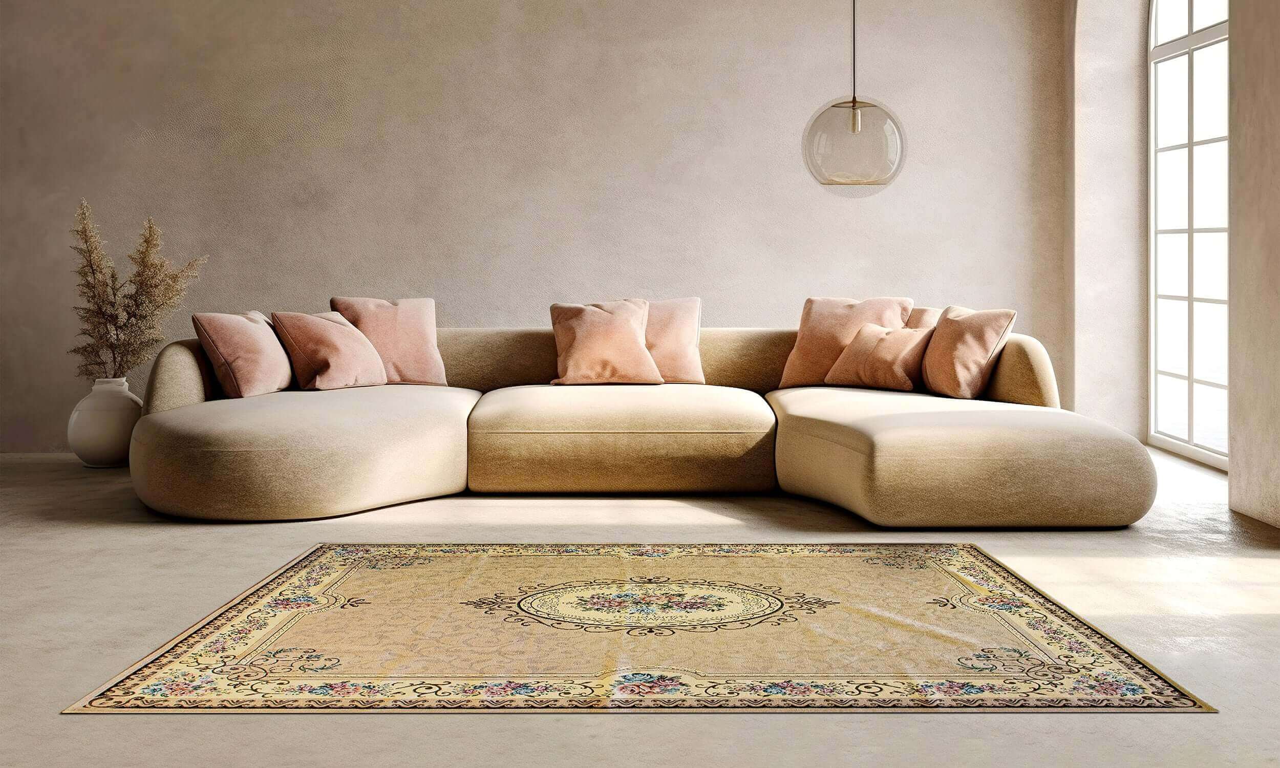 Tappeto arredamento disegno classico in salotto moderno con divano curvo e cuscini, dimensioni 160x240 cm.